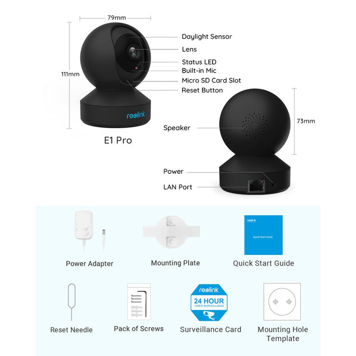 Reolink E1 Pro Noir - Caméra WiFi Interieure 360° 4MP - Wifi double bande