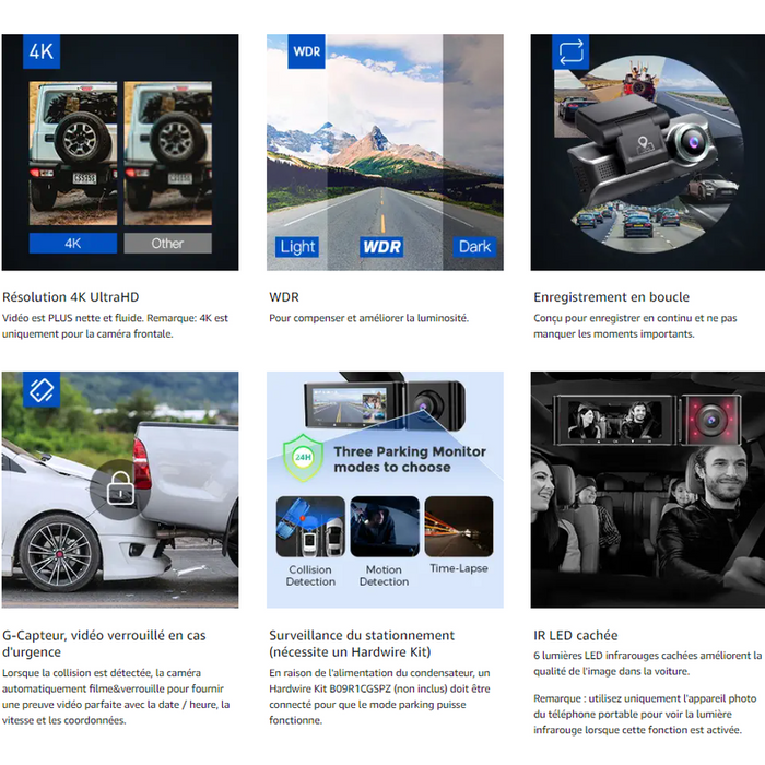 Azdome - Caméra embarquée triple (avant + arrière + habitacle), résolution Ultra HD, GPS, mode parking